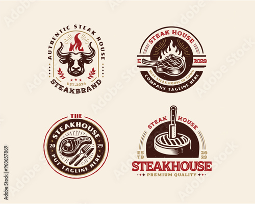 set vintage grill meat steak shop logo template for business company