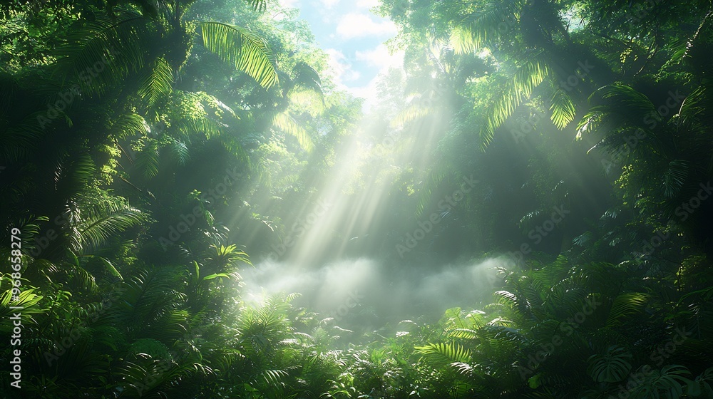 Photorealistic image of a dense rainforest with sunlight filtering through the canopy illuminating the vibrant greenery and mist rising from the undergrowth Photorealistic image of a dense rainforest with sunlight filtering through the canopy illuminating the vibrant greenery and mist rising from the undergrowth