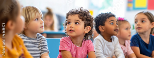 Children of diverse ethnicities sitting together in a classroom, attentively listening during a learning activity.