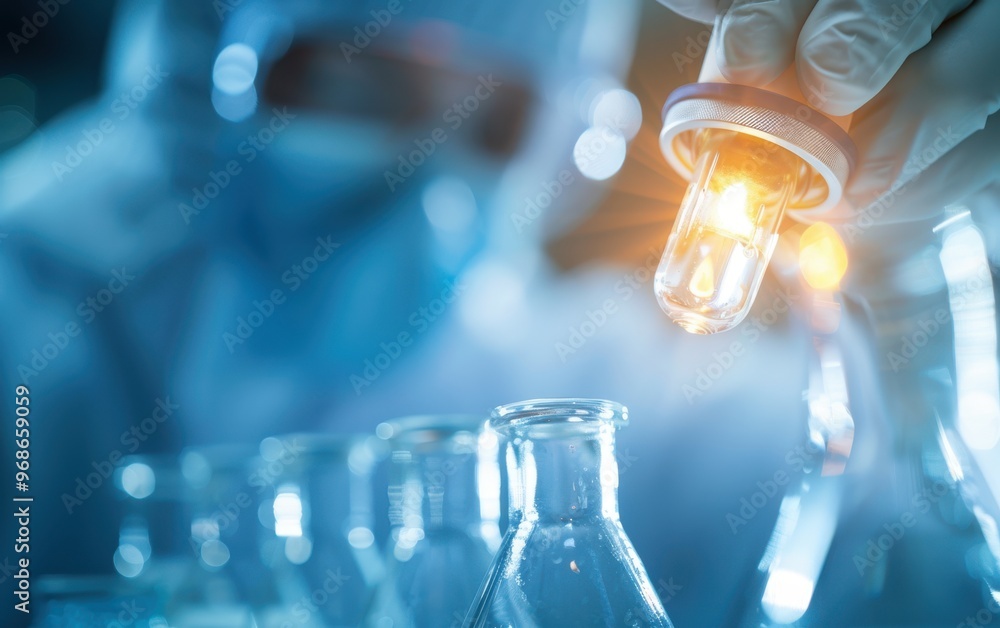 Close-up of a laboratory technician handling a glass vial in a modern lab setting. Innovative research in progress. Close-up of a laboratory technician handling a glass vial in a modern lab setting. Innovative research in progress.