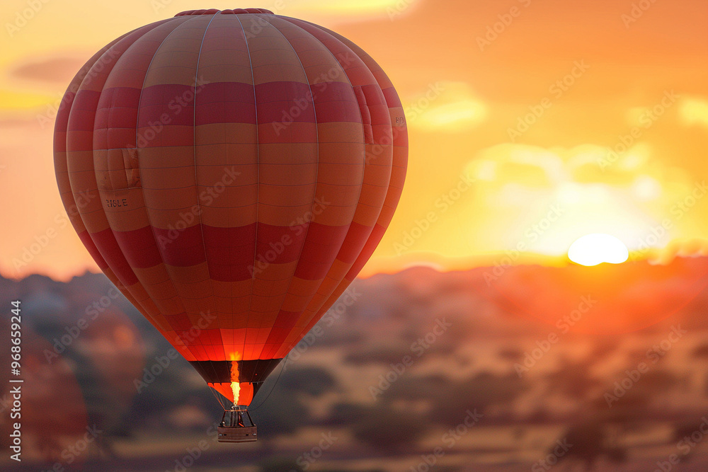 Obraz premium Hot Air Balloon Floating in the Sunset Sky – Evoking the Grandeur of Adventure with Blurred Ground Scenery in the Foreground, Perfect for Dreamers and Adventure Seekers