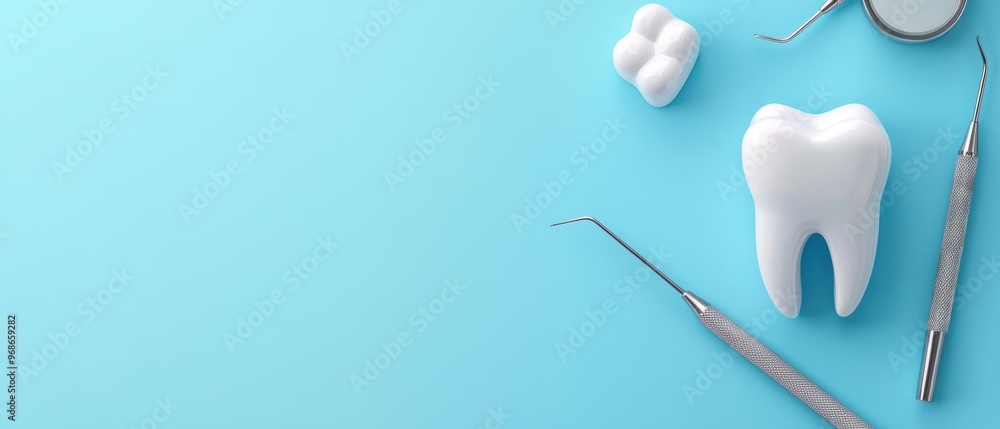 Flat lay of dental equipment with a white tooth model, against a soft blue background, clean and professional Flat lay of dental equipment with a white tooth model, against a soft blue background, clean and professional