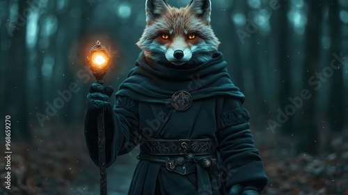 Fox in a wizard costume with a glowing staff walking through a mystical forest, wizard fox, fantasy animal