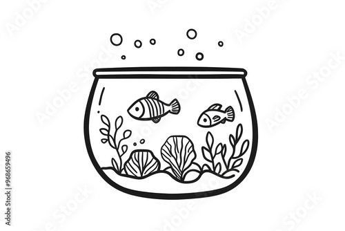 Wallpaper Mural "Simple Doodle of an Aquarium in Black Outline on White Background" Torontodigital.ca