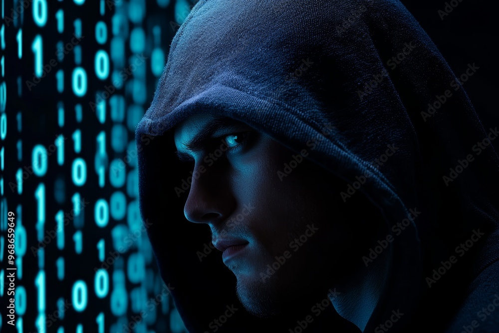 Hooded silhouette against a wall of binary digits, dark cyber landscape, hacker in the shadows Hooded silhouette against a wall of binary digits, dark cyber landscape, hacker in the shadows