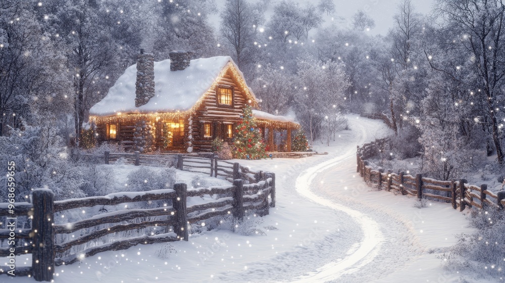 A cozy log cabin nestled in the snowy woods, surrounded by snow-covered trees and a rustic wooden fence. A cozy log cabin nestled in the snowy woods, surrounded by snow-covered trees and a rustic wooden fence.