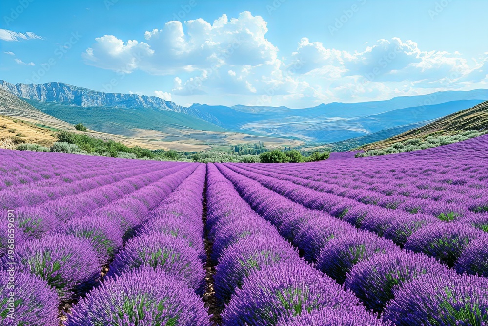 Fototapeta premium Scenic view of lavender field with mountains in the distance under blue sky