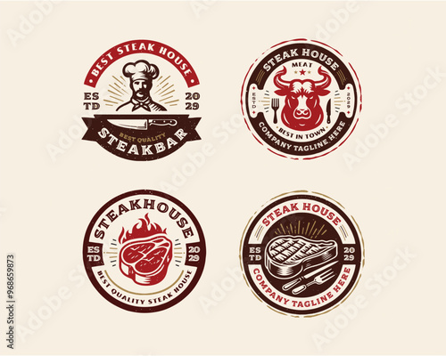set vintage grill meat steak shop logo template for business company