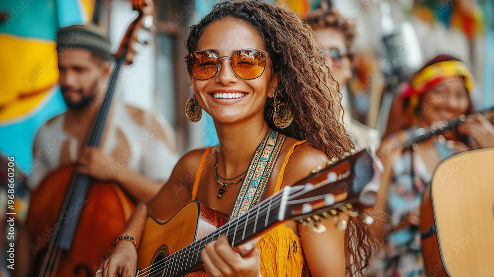 Joyful woman singing and playing guitar at street music festival with her band Joyful woman singing and playing guitar at street music festival with her band