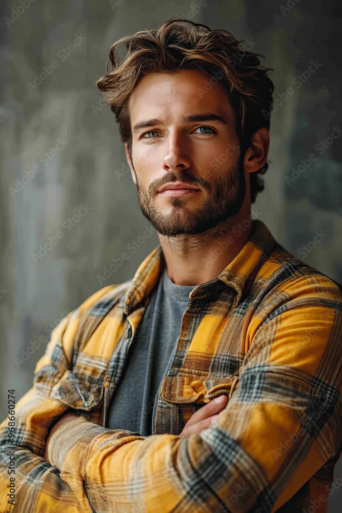 Obraz premium Stylish young man poses confidently in a plaid shirt against a textured backdrop in natural light
