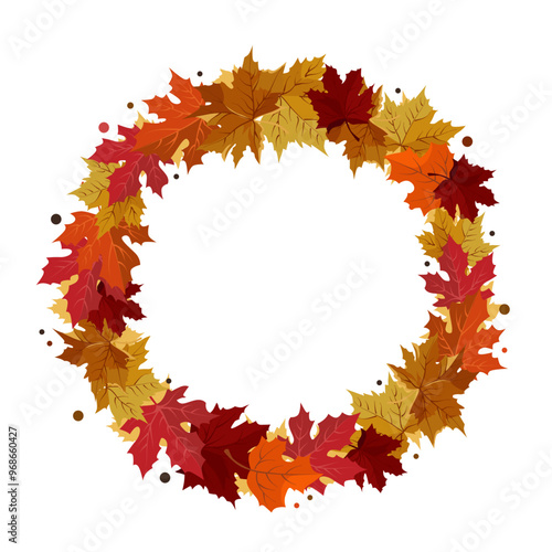 Vector isolated round frame of yellow dry autumn leaves. Border for text. Flat clipart for design