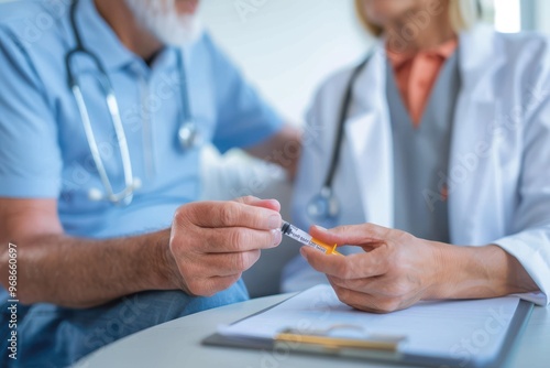 Endocrinologist doctor holds insulin injection syringe for diabetes patient during medical consultation in hospital. Healthcare Endocrinologist doctor holds insulin injection syringe for diabetes pati photo