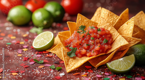 Nachos, salsa and limes on red background with spase for text, created with Generative AI technology photo