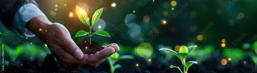 A hand nurturing a young plant, symbolizing growth, care, and environmental sustainability in a lush green setting. A hand nurturing a young plant, symbolizing growth, care, and environmental sustainability in a lush green setting.