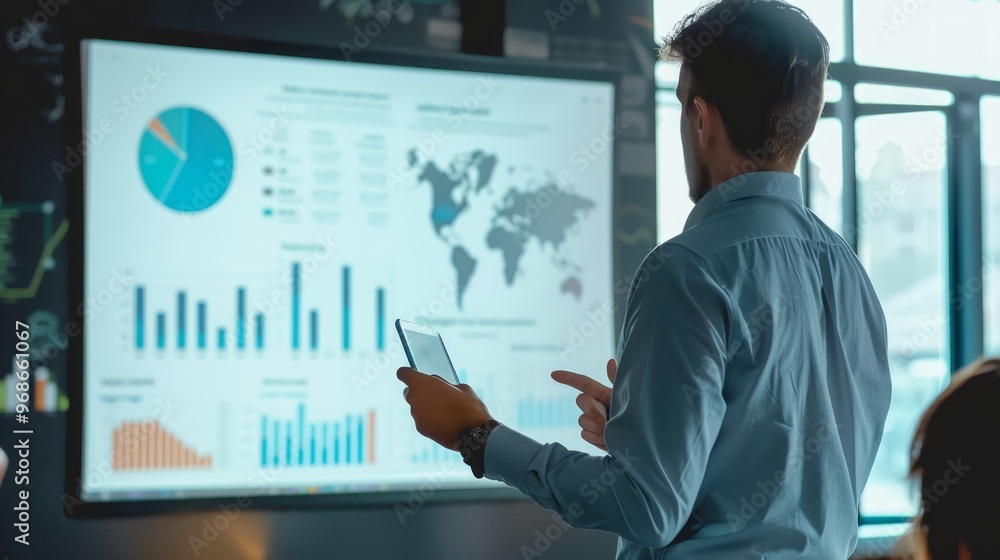 Tech-enabled digital marketing experts with dynamic graphs, charts and icons for office market research. With tools such as laptops and tablets displaying visualizations, This scene conveys the concep Tech-enabled digital marketing experts with dynamic graphs, charts and icons for office market research. With tools such as laptops and tablets displaying visualizations, This scene conveys the concep