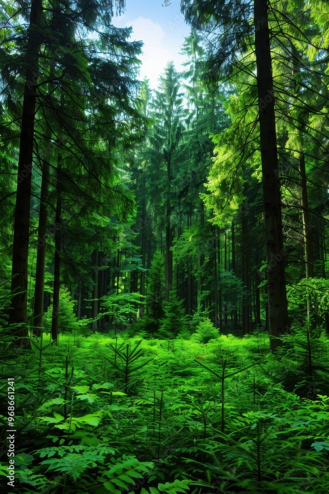 A lush green forest with towering trees and vibrant undergrowth, creating a serene natural landscape full of life. A lush green forest with towering trees and vibrant undergrowth, creating a serene natural landscape full of life.