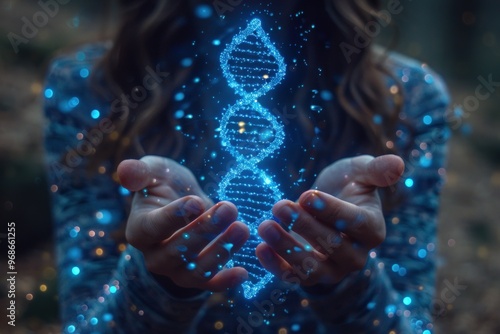 A woman's open hands hold a glowing, digital DNA helix, representing the future of science and genetics.