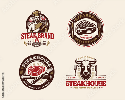 set vintage grill meat steak shop logo template for business company
