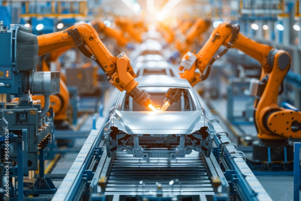 Automated Robots Assembling Cars in a High-Tech Manufacturing Plant Automated Robots Assembling Cars in a High-Tech Manufacturing Plant