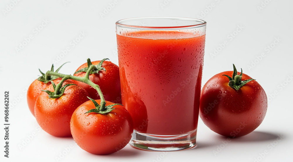 Glass of tomato juice and tomatoes nearby on a white background, created with Generative AI technology Glass of tomato juice and tomatoes nearby on a white background, created with Generative AI technology
