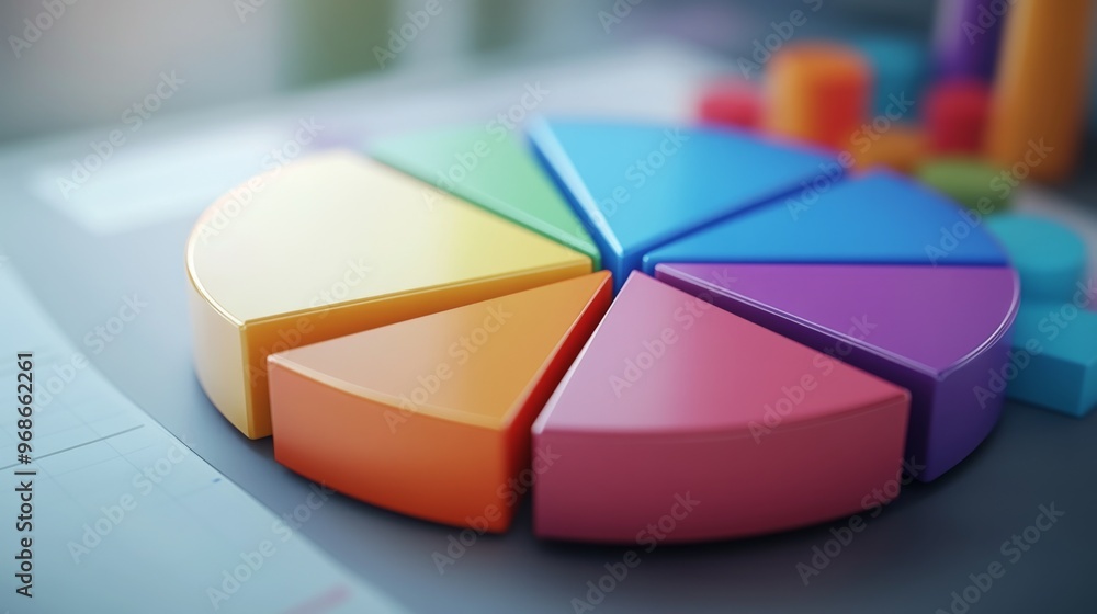 Fototapeta premium Close-up of a 3D pie chart with a portion pulled out to emphasize a specific segment, showcasing detailed data and a modern, professional look.