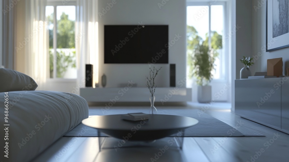 Close-up of a beautifully designed minimalistic living room featuring sleek furniture, a monochromatic color scheme, and plenty of natural light. Close-up of a beautifully designed minimalistic living room featuring sleek furniture, a monochromatic color scheme, and plenty of natural light.