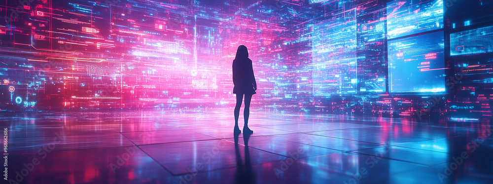 Silhouette of a woman standing in a futuristic digital space with vibrant neon pink and blue holographic screens. Silhouette of a woman standing in a futuristic digital space with vibrant neon pink and blue holographic screens.