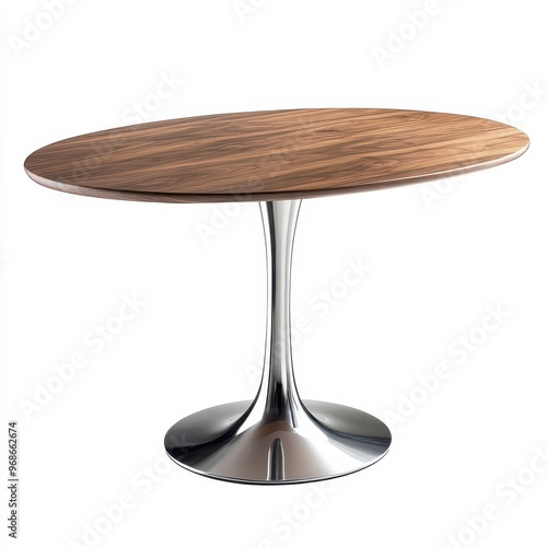 A modern oval dining table with a wooden top and sleek metal base.