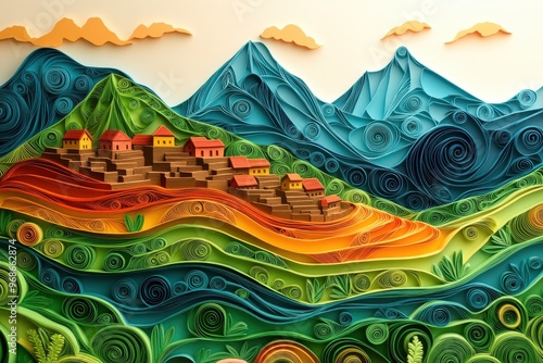Intricate Quilling Paper Filigree Artwork of Machu Picchu in Peru with Quilled Terraces and Mountain Scenery