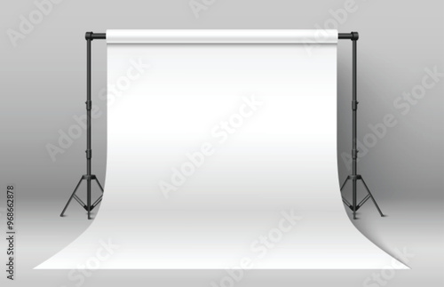 White photo studio background. Vector realistic illustration of backdrop equipment for photography shoot, product or fashion design presentation showroom, professional video shooting equipment