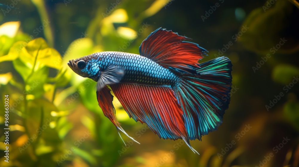 Close-up of a Betta fish with a mesmerizing array of colors and delicate fins, swimming elegantly through a well-decorated aquarium environment. Close-up of a Betta fish with a mesmerizing array of colors and delicate fins, swimming elegantly through a well-decorated aquarium environment.