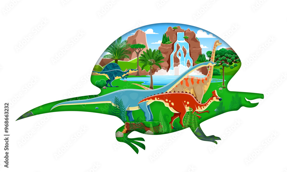Fototapeta premium Prehistoric landscape with cartoon paper cut dinosaur silhouette filled with dino spices antarctosaurus, amurisaurus, oxalaia and brachiosaurus amidst lush greenery, waterfalls, and rocky terrains