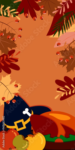 Vector. Happy Thanksgiving day background with copy space for text and illustrations in cartoon flat style. Autumn print for greeting card, poster, banner, poster, cover, blogging, promotional items.