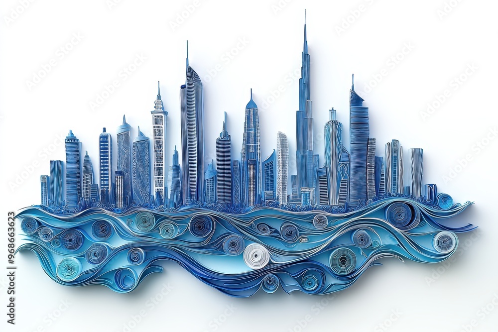 Intricate Paper Cut Quilling Design of Dubai Marina Skyline with Swirling Waves and Skyscrapers Intricate Paper Cut Quilling Design of Dubai Marina Skyline with Swirling Waves and Skyscrapers
