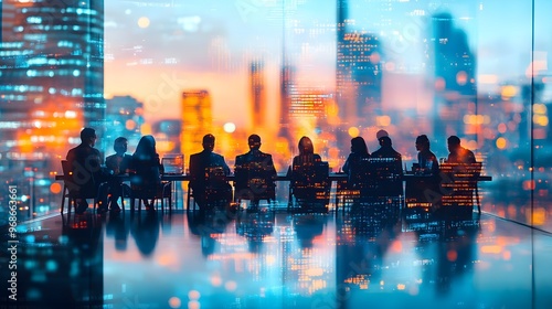 Silhouettes Business Meeting Cityscape Night View