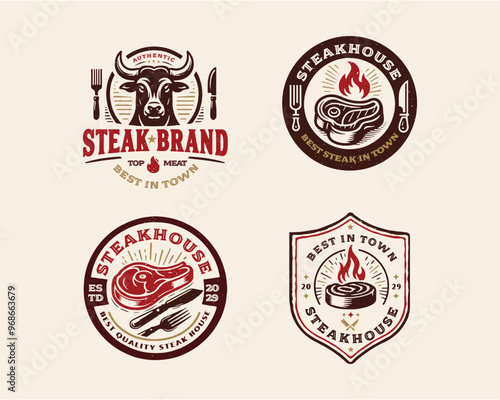 set vintage grill meat steak shop logo template for business company