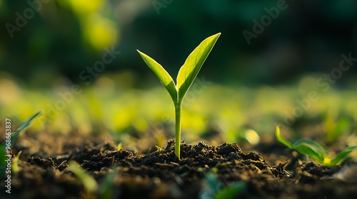 Close-up of a single green sprout growing out of dark soil. photo