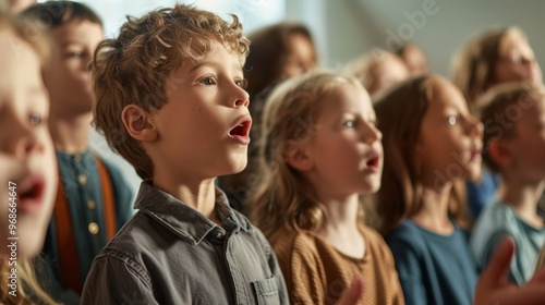 A group of children are in a church, with some of them singing