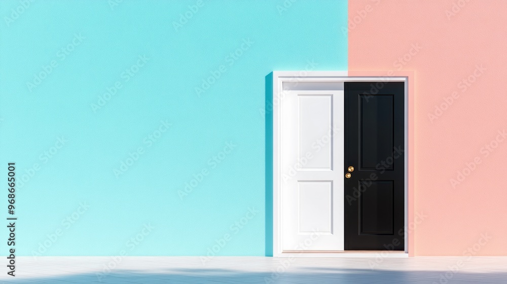A clean white wall with two distinct doors, symbolizing contrasting opportunities. A clean white wall with two distinct doors, symbolizing contrasting opportunities.
