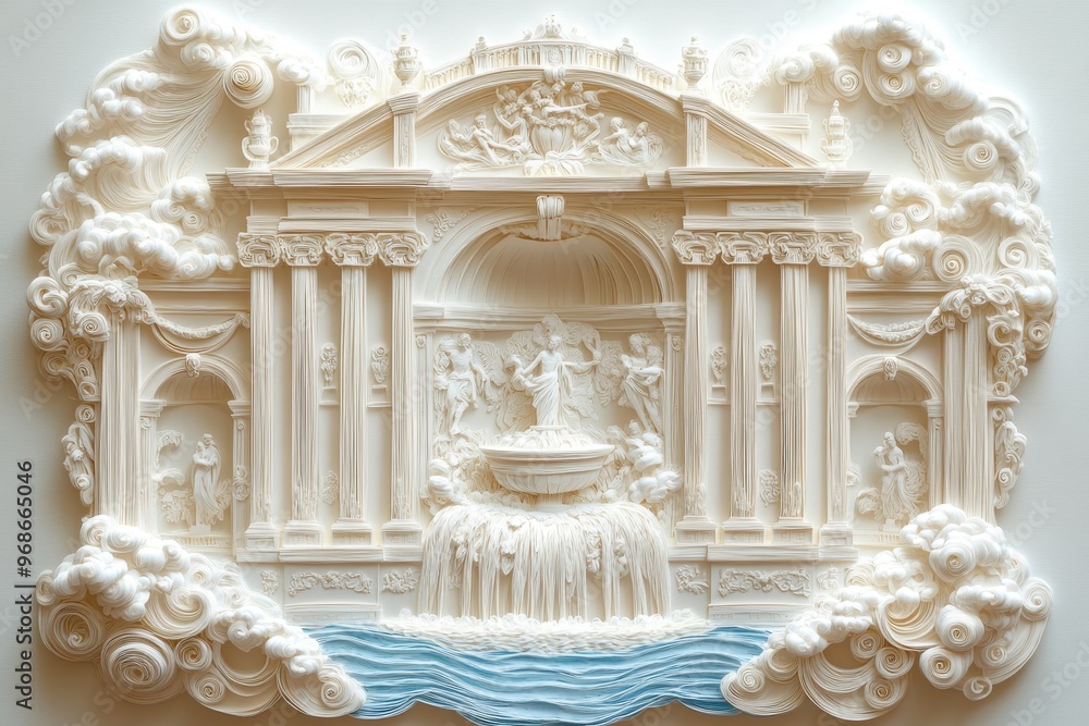 Intricate Paper Cut Quilling of Trevi Fountain in Rome with Water Details and Roman Architecture Intricate Paper Cut Quilling of Trevi Fountain in Rome with Water Details and Roman Architecture