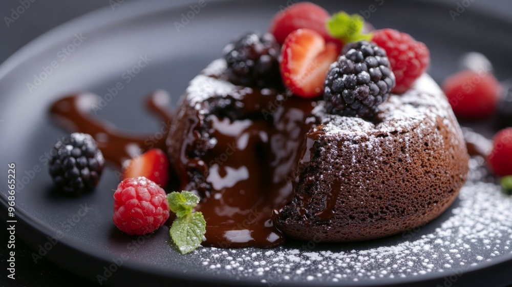 Close-up of a decadent chocolate lava cake with a gooey center, garnished with fresh berries and a dusting of powdered sugar, emphasizing the indulgent details. Close-up of a decadent chocolate lava cake with a gooey center, garnished with fresh berries and a dusting of powdered sugar, emphasizing the indulgent details.