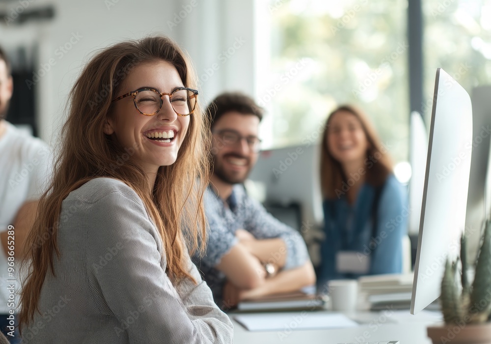 A cheerful woman in glasses smiles while sitting in a modern office with colleagues, exuding positivity and teamwork. A cheerful woman in glasses smiles while sitting in a modern office with colleagues, exuding positivity and teamwork.