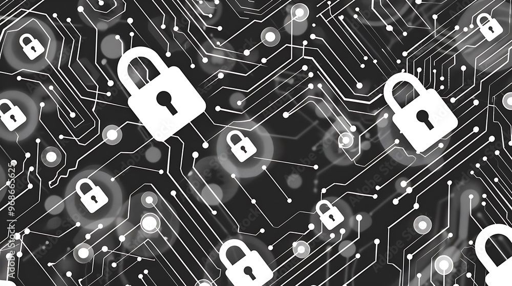 Digital Lock Symbols and Circuit Patterns Representing Modern Cybersecurity Solutions Digital Lock Symbols and Circuit Patterns Representing Modern Cybersecurity Solutions