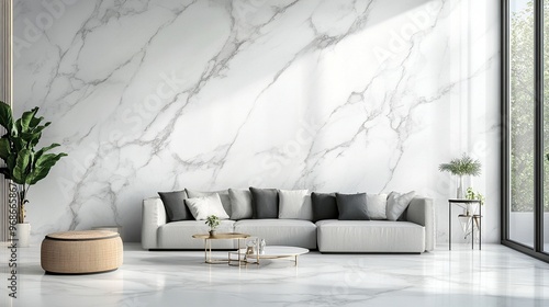 Modern living room with white marble walls and a sectional sofa