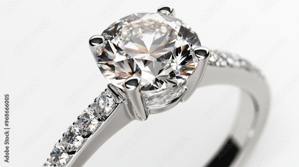 Close-up of a diamond engagement ring on a white background, capturing the fine details of the setting and the sparkling gem Close-up of a diamond engagement ring on a white background, capturing the fine details of the setting and the sparkling gem