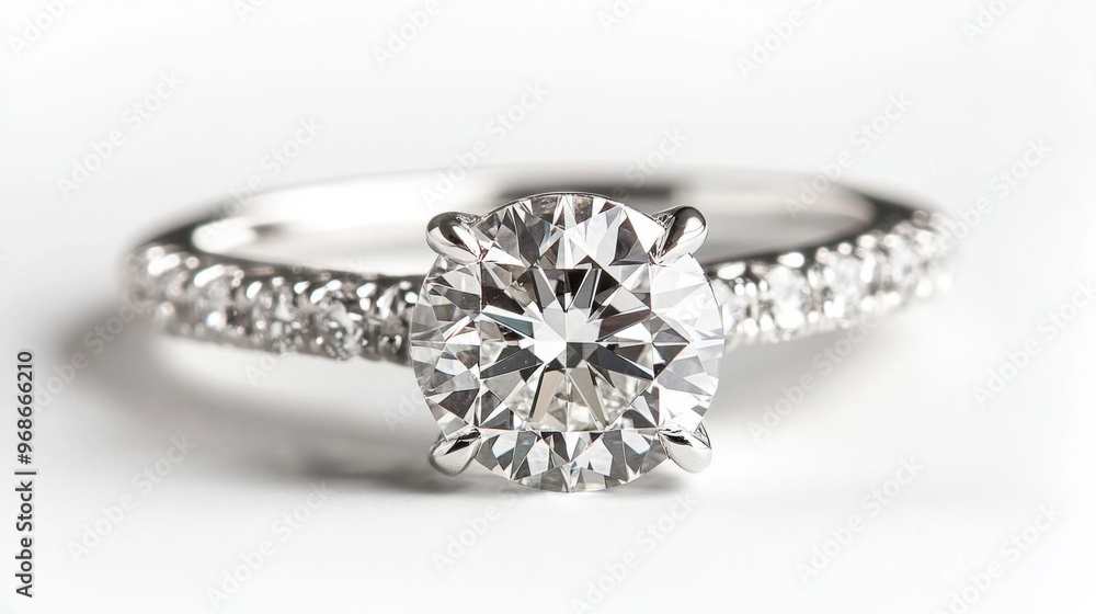 Close-up of a diamond engagement ring on a white background, capturing the fine details of the setting and the sparkling gem Close-up of a diamond engagement ring on a white background, capturing the fine details of the setting and the sparkling gem