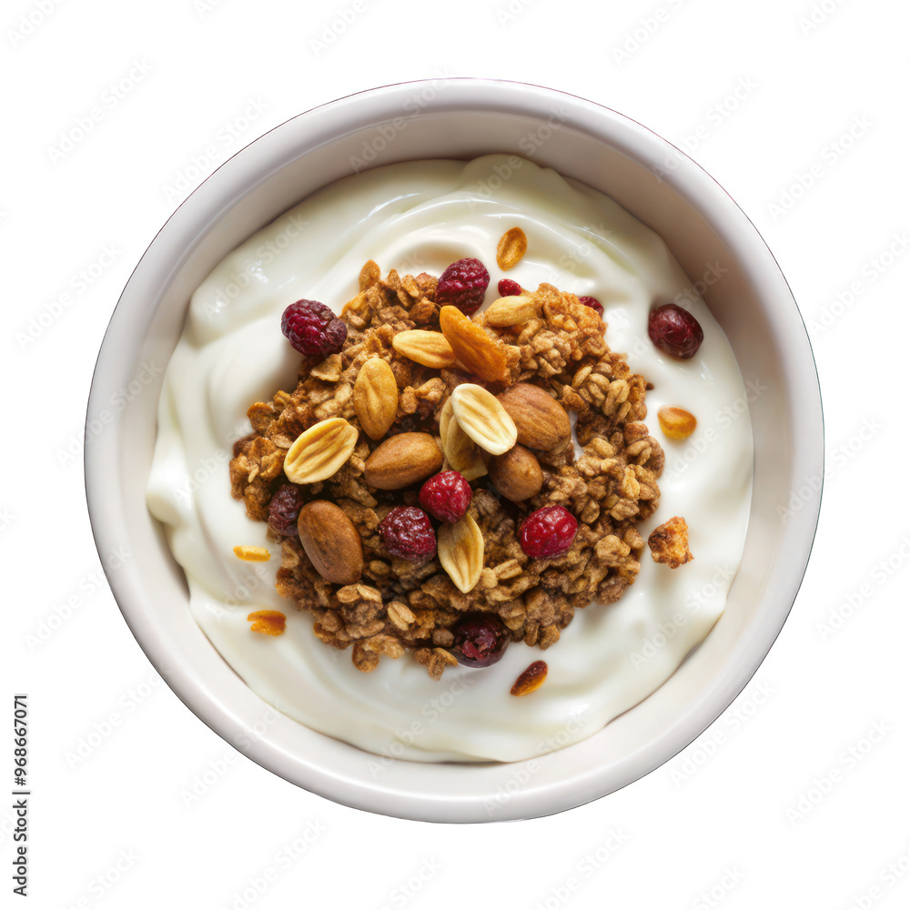Yogurt topped with granola on white bowl top view on transparent background Yogurt topped with granola on white bowl top view on transparent background