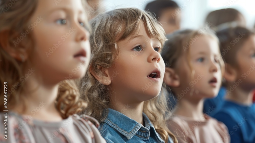 A group of children are sitting in a church choir, with one girl singing A group of children are sitting in a church choir, with one girl singing
