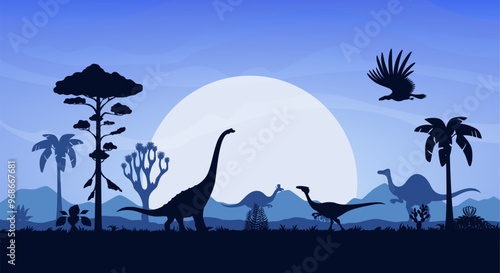 Prehistoric dinosaurs silhouettes on dusk prehistoric landscape with plants. Vector background with brachiosaurus and oviraptor dino, flying pterosaur shadows in front of large moon in dark blue sky