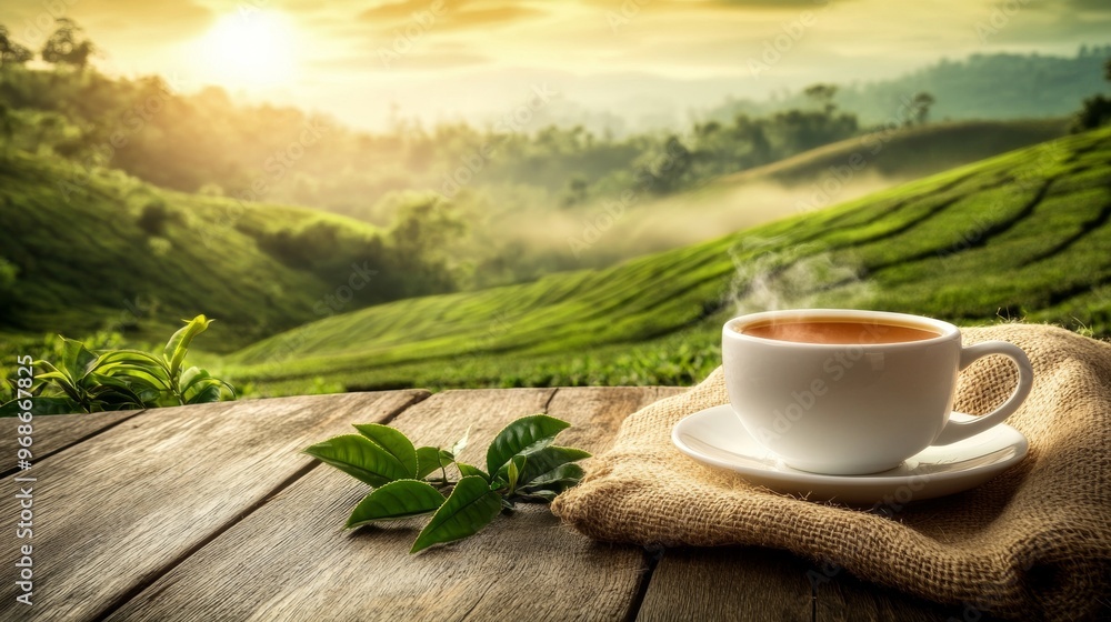 Hot Tea Cup on Wooden Table with Tea Plantations in the Background Hot Tea Cup on Wooden Table with Tea Plantations in the Background